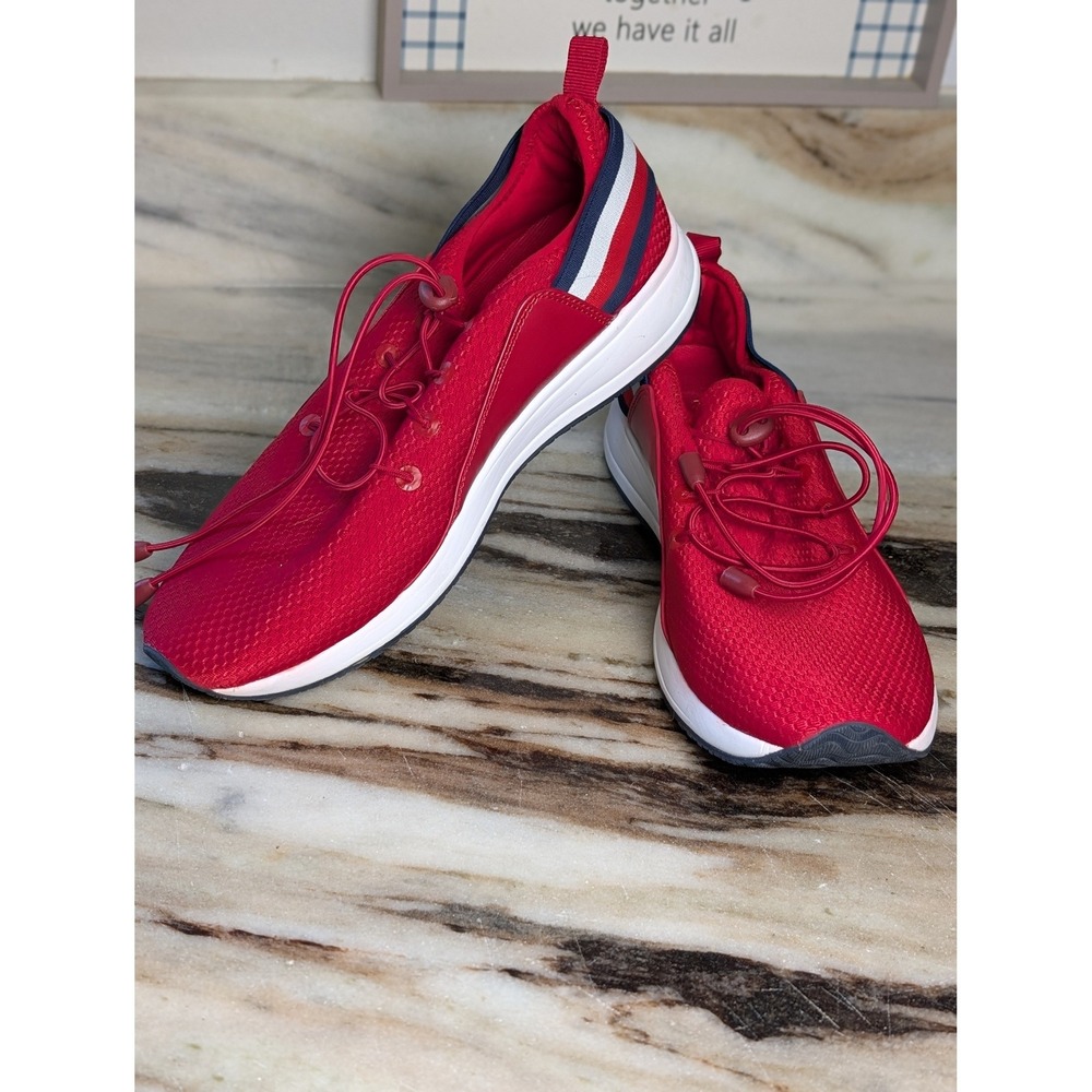 Tommy Hilfiger Mens Red Mesh Bungee Lace Sneakers Size 9.5 Iconic Stripe Detail